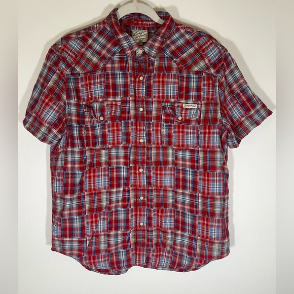 Vintage Y2K Lucky Brand American patchwork western SS pearl snap shirt XL cowboy - Picture 1 of 11